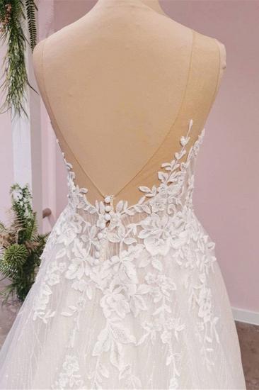Sleeveless A-Line Wedding Dress with Floral Lace Appliques V Neck White Floor Length Bridal Dress_4