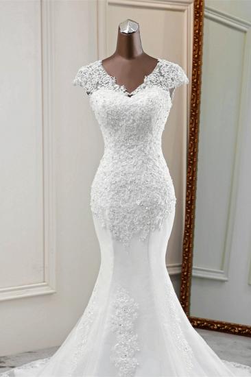TsClothzone Luxus V-Ausschnitt ärmellose weiße Spitze Meerjungfrau Brautkleider mit Applikationen_6