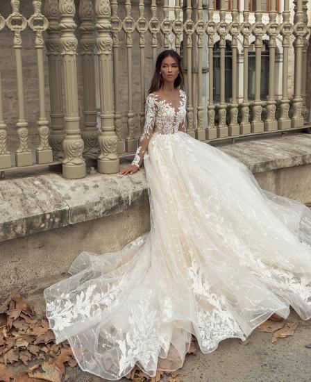V-neck flower lace aline long sleeve and floor Wedding Dress_2