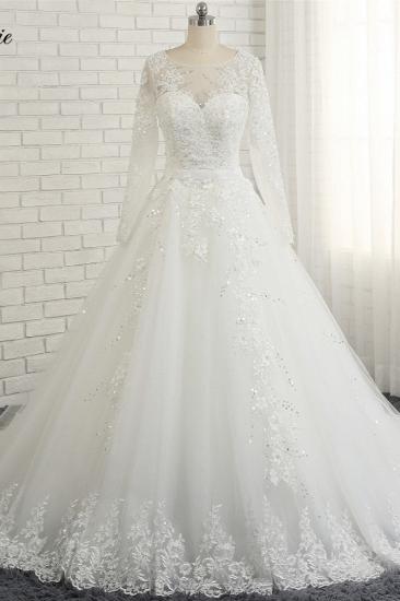 TsClothzone Modest Jewel Longsleeves White Wedding Dresses A-line Tulle Ruffles Bridal Gowns On Sale_1