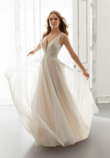Weißes rückenfreies Brautkleid mit V-Ausschnitt, Tüllspitzenapplikationen, Brautkleider_3
