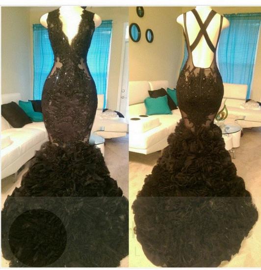 Gorgeous Black Mermaid V-Neck Tulle Appliques Open-Back Prom Dress_2