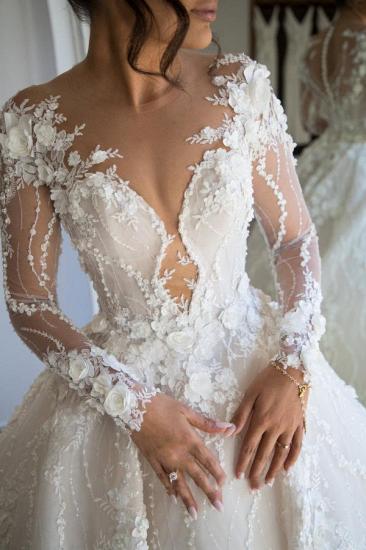 Gorgeous Long Sleeve Soft Floral Lace Bridal Dress V Neck Wedding Dress_4