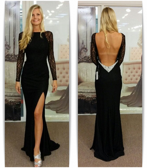 Black Bateau Spandex Evening Dresses Backless Long Sleeves 2022 Prom Dresses_3