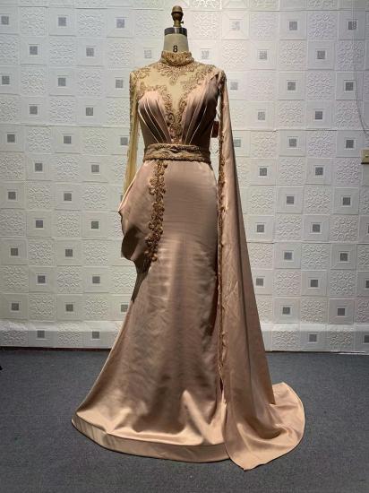 Luxurious One Shoulder Floor Pink Satin Evening Gown Long Sleeve Crystal Gold Appliqué Party Dress_2