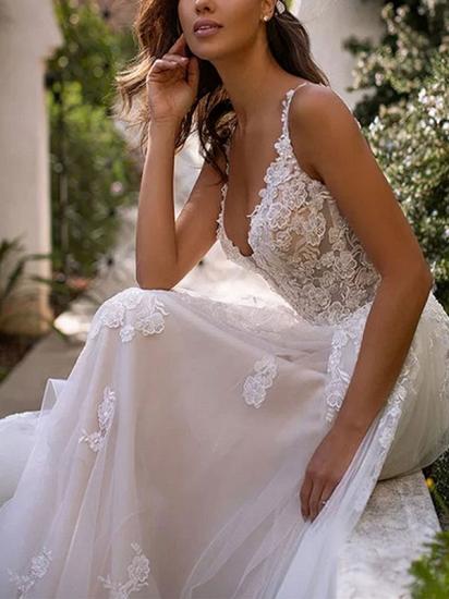Charming Spaghetti Straps Tulle Backless Wedding Dresses With Lace Appliques_3