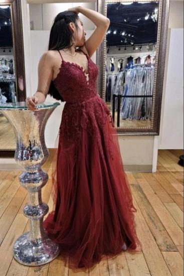 Charming Halter Burgundy Tulle Evening Dress Aline Lace Appliques Floor Length Gown_1