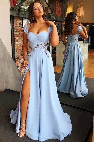 Cap Sleeves Open Back Blue Evening Dress | Sexy Side Slit Appliques Prom Dresses Online_3