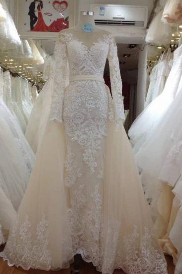 Crew Neck Champagne Lace Appliques Long Sleeve Bridal Wedding Dress Detachable Train_1