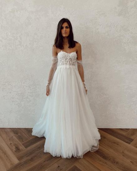 Chic Strapless Tulle Long Sleeve Wedding Dresses | A-line Sweetheart Lace Bridal Gowns_3
