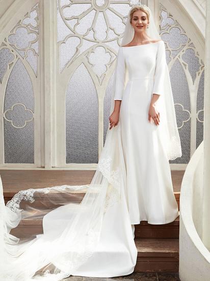 Elegant A-Line Wedding Dress Bateau Satin 3/4 Length Sleeves Bridal Gowns On Sale