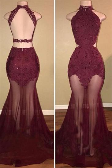 High Neck Burgundy Lace Sexy Prom Dresses 2022 Open Back Sheer Tulle Long Evening Dress