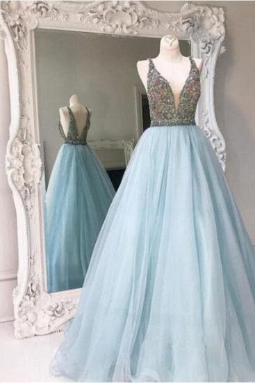 Crystals A-line Tulle V-neck Formal Dress 2022 Stunning Sleeveless 2022 Prom Dress_1