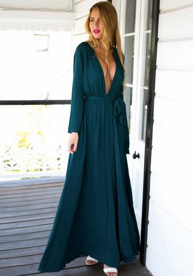 Long Sleeve Plunging Neck Summer Dress Chiffon Slit Long Party Gowns_4