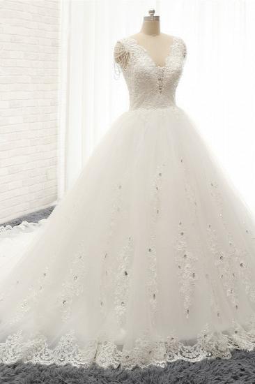 TsClothzone Glamorous V neck Straps White Wedding Dresses With Appliques A line Sleeveless Tulle Bridal Gowns Online_1
