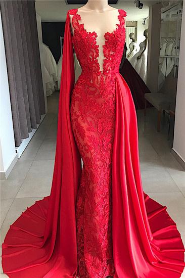 Red Lace Cheap Evening Dresses Online 2022 | Overskirt Watteau Train Prom Dresses_1
