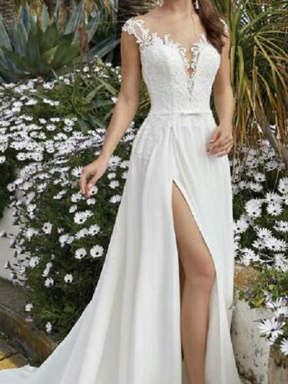 A-Line Wedding Dress V-neck Chiffon Lace Sleeveless Bridal Gowns Beach Sexy with Sweep Train_3