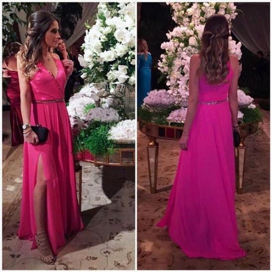 A-Line Fuchsia V-Neck 2022 Prom Dresses Beading Split Side Floor Length Party Gowns_3