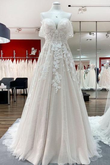 Stilvolles, schulterfreies Aline-Hochzeitskleid mit floralen Spitzenapplikationen, rückenfreies Brautkleid_1