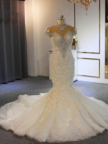 Glänzende Kristall High Neck Blumen Brautkleider | Ärmellose Meerjungfrau-Brautkleider aus reinem Tüll