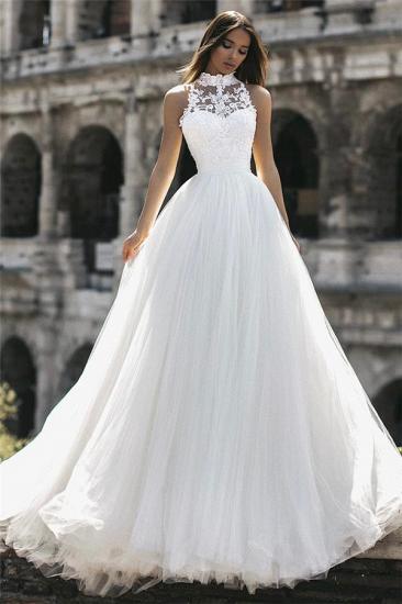 High Neck Lace Tulle Cheap Wedding Dresses 2022 | Sleeveless Pretty Bridal Gowns Online