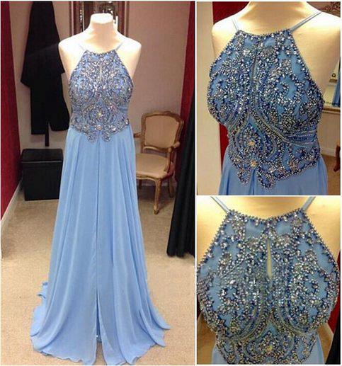 Baby Blue Prom Dresses 2022 Straps Backless Lovely Evening Dress with Beads_3