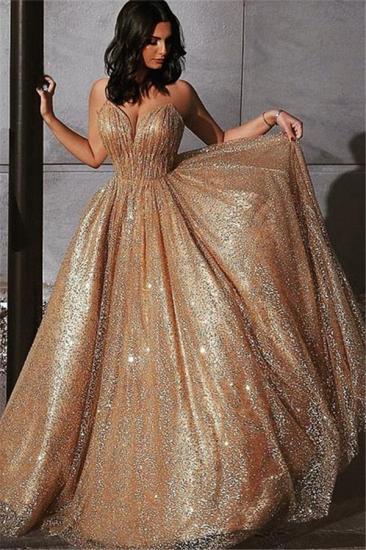 Champagne Elgant A-line Spaghetti Straps Backless Sequins Prom Dresses