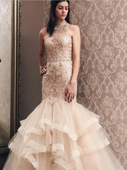 Elegant Mermaid Light Champagne Tulle High Neck Beading Prom Dress | Evening Dress_3