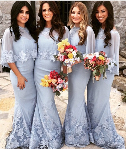 Special Mwemaid Lace Bridesmaid Dresses with Applique Satin Shawl Floor Length Wedding Dress_1