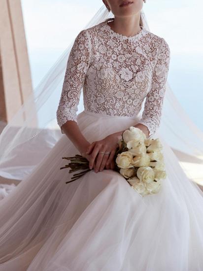 Boho Plus Size A-Line Wedding Dresses Jewel Tulle Polyester 3/4 Length Sleeve Elegant Bridal Gowns with Sweep Train_3