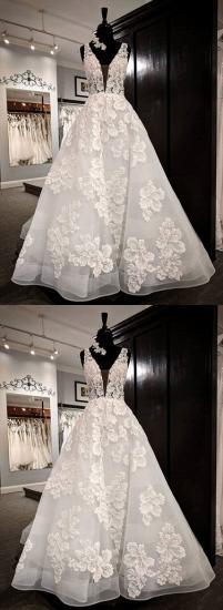 TsClothzone Glamorous White Tulle V-Neck Flower Long Wedding Dress Lace Applique Bridal Gowns On Sale_3