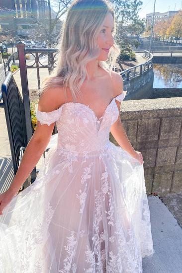 A-line Tulle Appliques Lace Backless Off-the-shoulder Sweetheart Wedding Dress_1