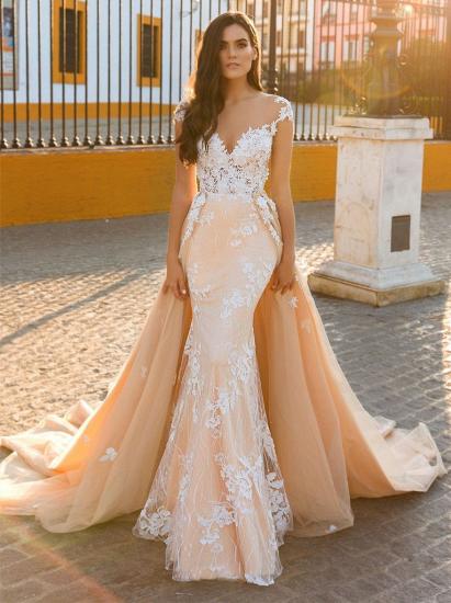 Elegant V-Neck Lace Applique Mermaid Bridal Gowns | Cap SleeveWedding Dress with detachable Train_1