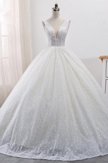 TsClothzone Wunderschönes Tüll-Ballkleid-Hochzeitskleid mit V-Ausschnitt, funkelnde, ärmellose Brautkleider mit Pailletten im Angebot_1