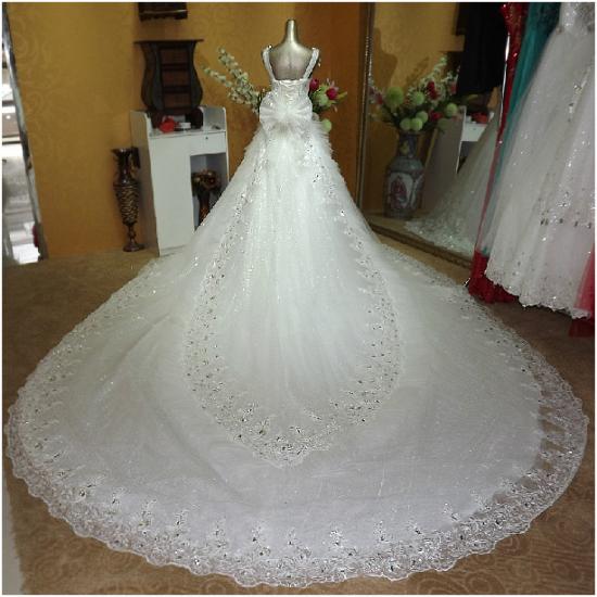 Luxurious Cathedral Train Crystal Wedding Dresses Tulle Bowknot Elegant 2022 Bridal Gowns_3