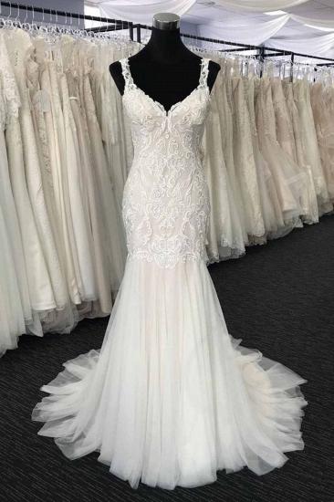 TsClothzone Glamouröse weiße Tüll V-Ausschnitt lange Applikationen Brautkleid Meerjungfrau Spitze Brautkleider im Angebot