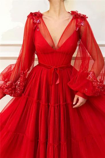 Chic V-Ausschnitt mit langen Ärmeln Red Tulle Prom Dress | Charmante Ballkleid Applikationen Perlen langen Abendkleid_2