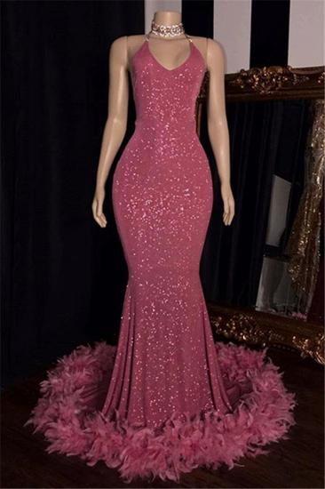 Mermaid Pink Sequin Prom Dress with Feather | Sleeveless Sexy Cheap Evening Gowns 2022