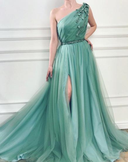 A-Line Elegant Appliques One-Shoulder Side-Slit Sleeveless Tulle Prom Dresses_2