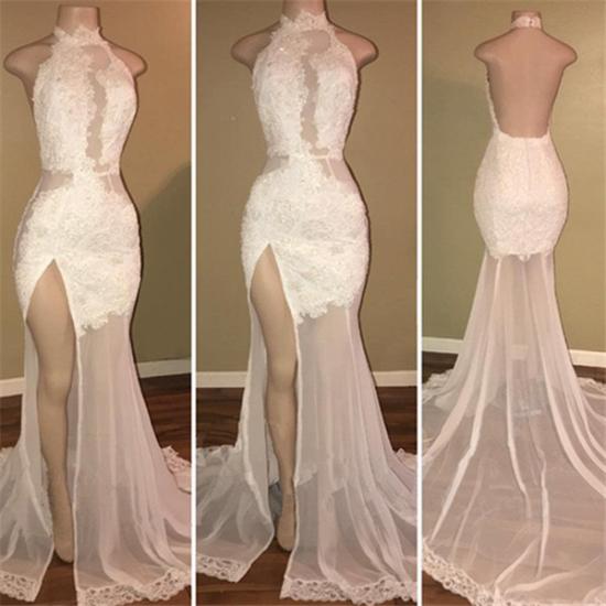 High Neck Sexy Side Slit Lace Prom Dresses Backless Sheer Tulle 2022 Evening Gown_3