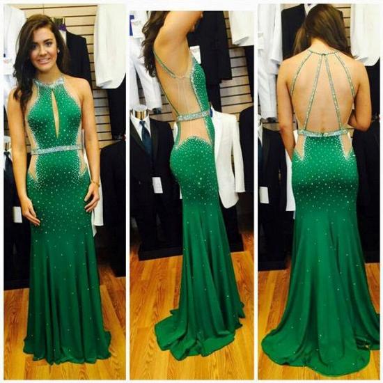 Crystal Green Mermaid Beading Evening Dress Halter Open Back Sweep Train Crystal Dresses for Women_2