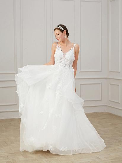A-Line Wedding Dress V-neck Chiffon Lace Tulle Sleeveless Bridal Gowns Formal Plus Size with Sweep Train_3
