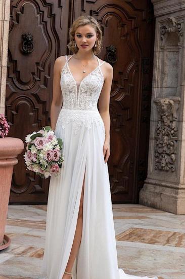 Simple Wedding Dress V-Neck Floral Lace with Side Slit_1