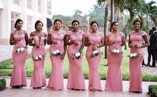 Pink Mermaid Bridesmaid Dress | Lace Cap Sleeve Wedding Reception Dress_3