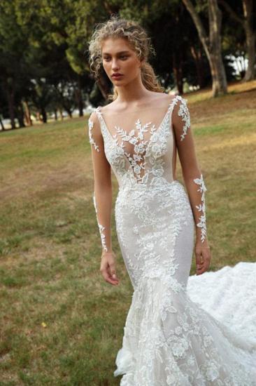 Stylish White Floral Lace Mermaid Bridal Dress Long Sleeves V-Neck Wedding Gown_1