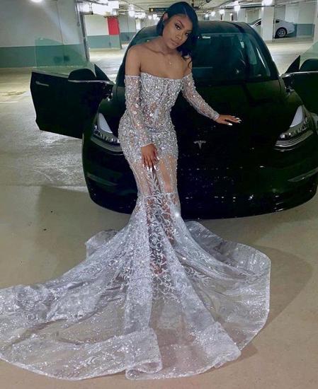 Shiny Silver Off-the-shoulder Long Sleeves Appliques Court Train Mermaid Prom Dresses_2
