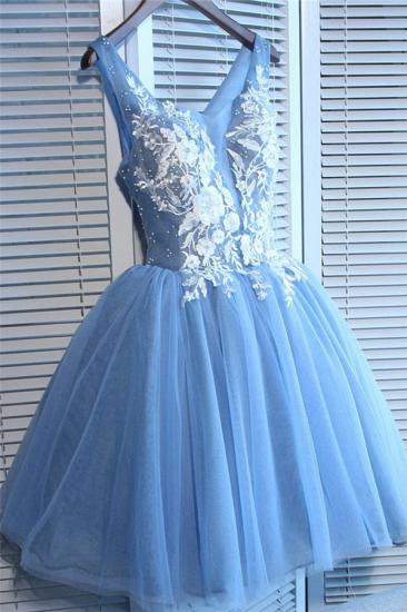 Elegante ärmellose kurze Abiballkleider mit V-Ausschnitt | 2022 Blaue Applikationen Hoco Kleid Billig_1