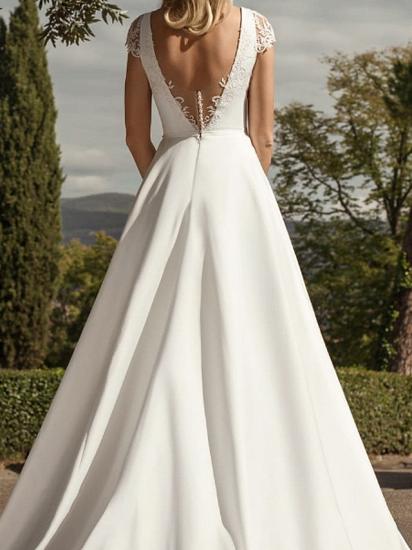 A-Line Wedding Dresses V-Neck Lace Chiffon Over Satin Cap Sleeve Bridal Gowns Country Plus Size Sweep Train_3