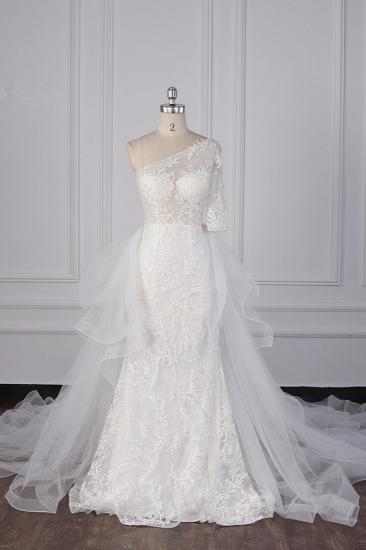 TsClothzone Glamorous Sheath Lace Tulle Wedding Dress One-Shoulder 3/4 Sleeve Appliques Bridal Gowns Online