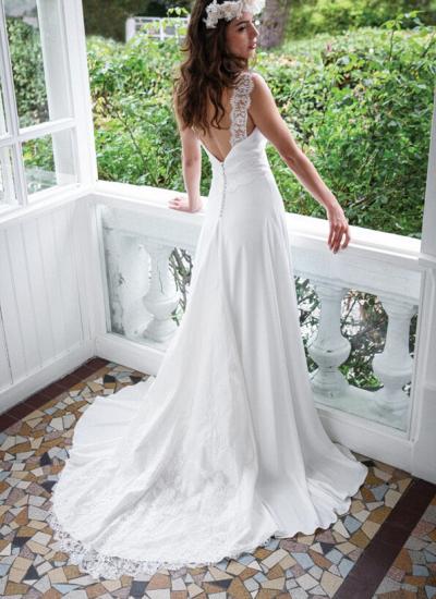 A-Line Lace Summer Beach Weddding Dresses Open Back Sleeveless 2022 Bridal Gowns_3